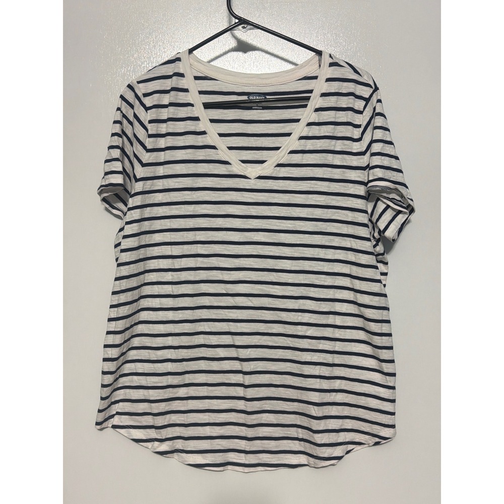 Old Navy EveryWear V-Neck Slub Tee White Navy Blue Striped T-Shirt XL
